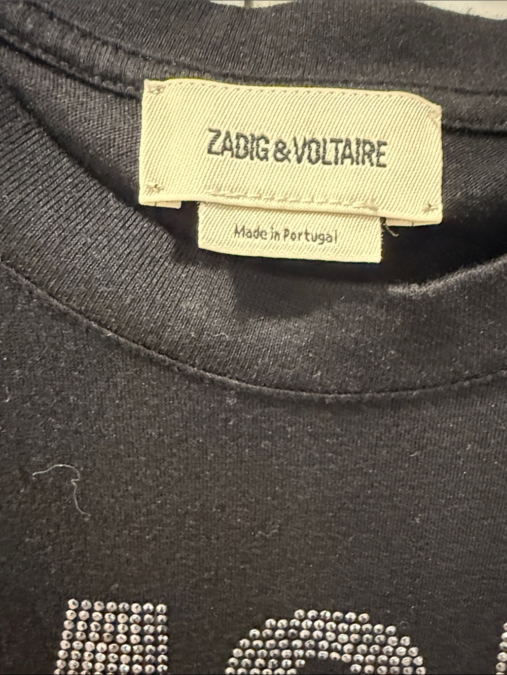 Zadig & Voltaire Black Tee with Silver Rhinestone AMOUR Size Small - Picture 2 of 4